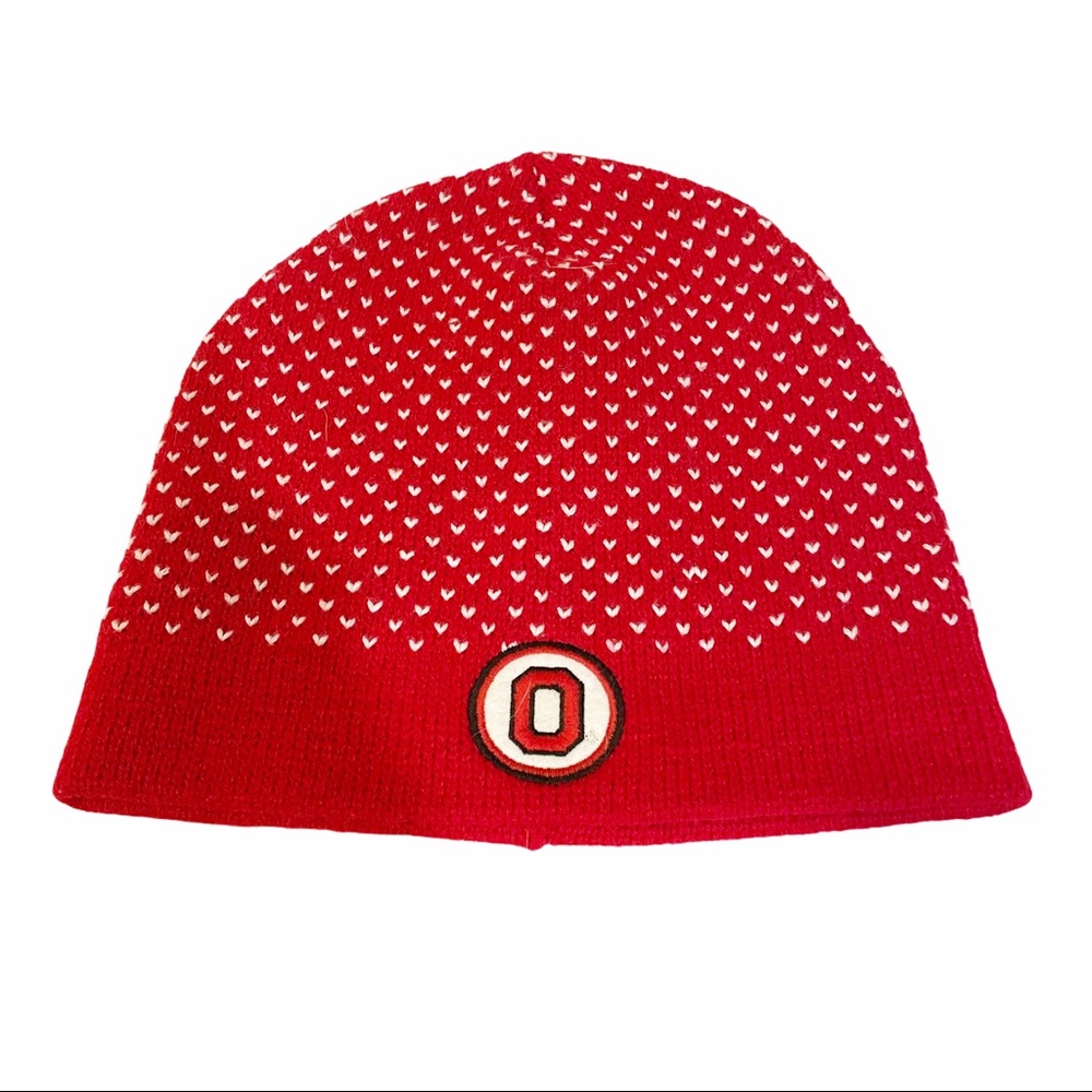 Red Knit Beanie with White Heart Pattern and Ohio 'O' Patch
